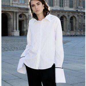 Anna Quan ANN CRISP OVERSIZED Cotton Shirt 8 Long Sleeve Top SILK Trim BOYFRIEND